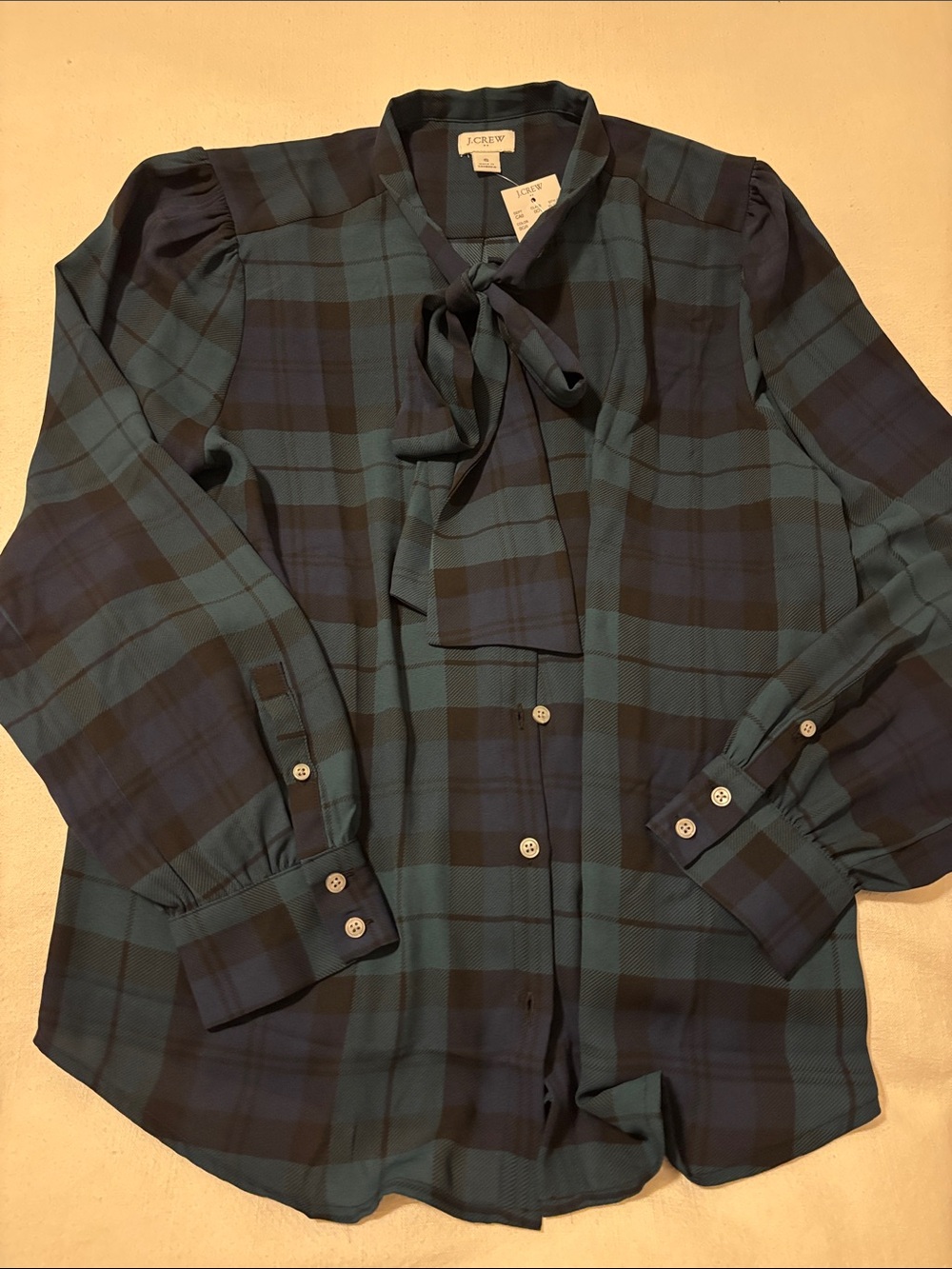 J. Crew Blue & Green Plaid Tie-Neck Button-Down Blouse